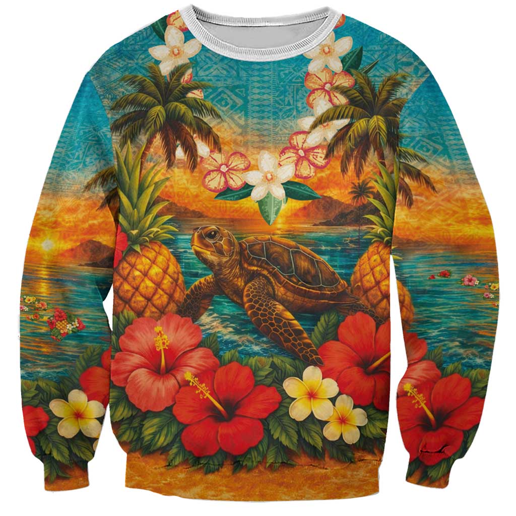 Hawaiian Turtles on Beach Sweatshirt with Pineapple Tropical Plant and Lei