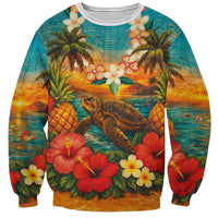 Hawaiian Turtles on Beach Sweatshirt with Pineapple Tropical Plant and Lei