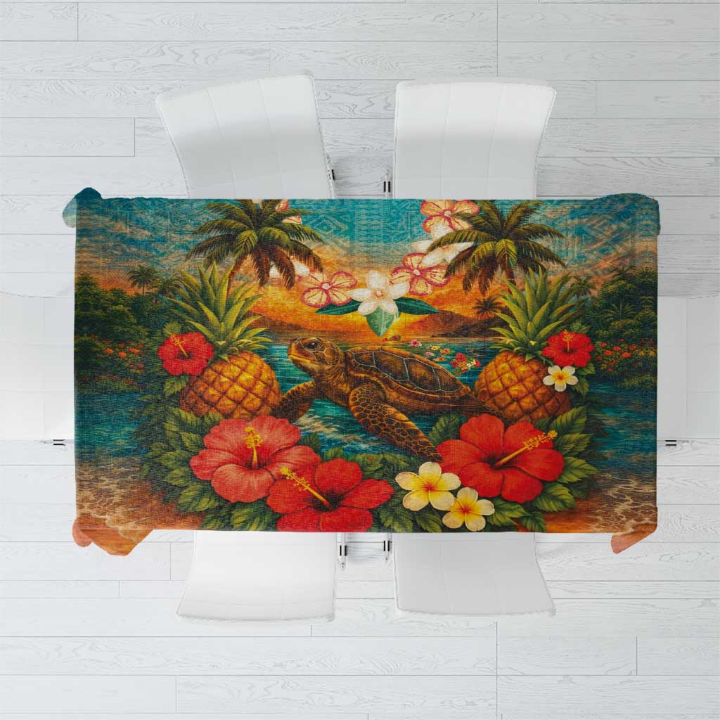 Hawaiian Turtles on Beach Tablecloth with Pineapple Tropical Plant and Lei LT03 Multicolor - Polynesian Pride
