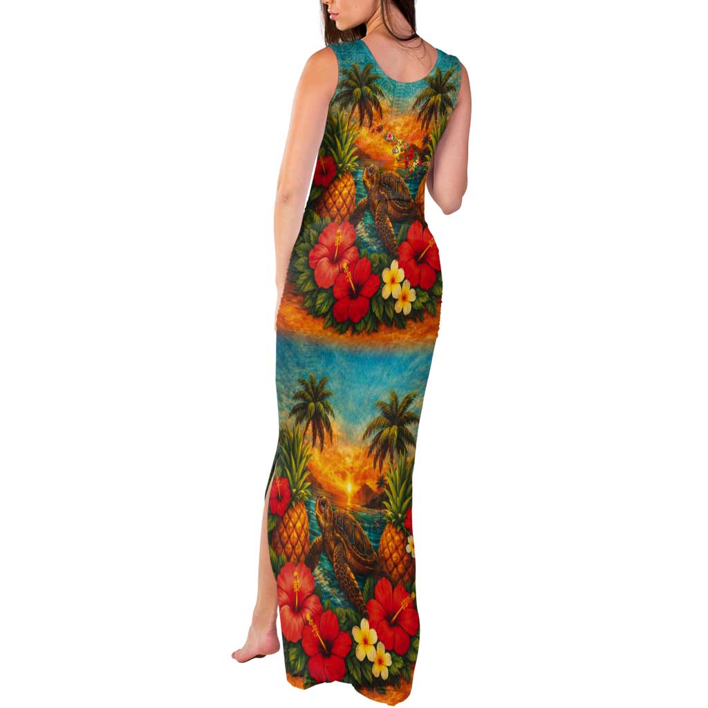 Hawaiian Turtles on Beach Tank Maxi Dress with Pineapple Tropical Plant and Lei