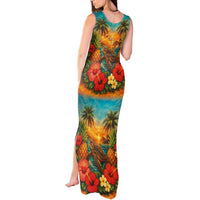 Hawaiian Turtles on Beach Tank Maxi Dress with Pineapple Tropical Plant and Lei