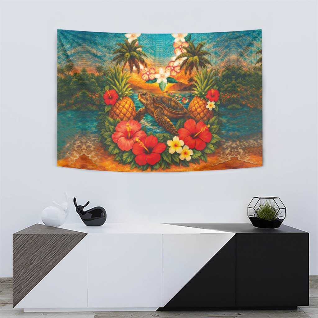 Hawaiian Turtles on Beach Tapestry with Pineapple Tropical Plant and Lei