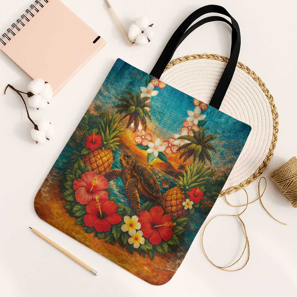 Hawaiian Turtles on Beach Tote Bag with Pineapple Tropical Plant and Lei
