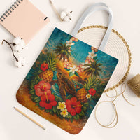 Hawaiian Turtles on Beach Tote Bag with Pineapple Tropical Plant and Lei