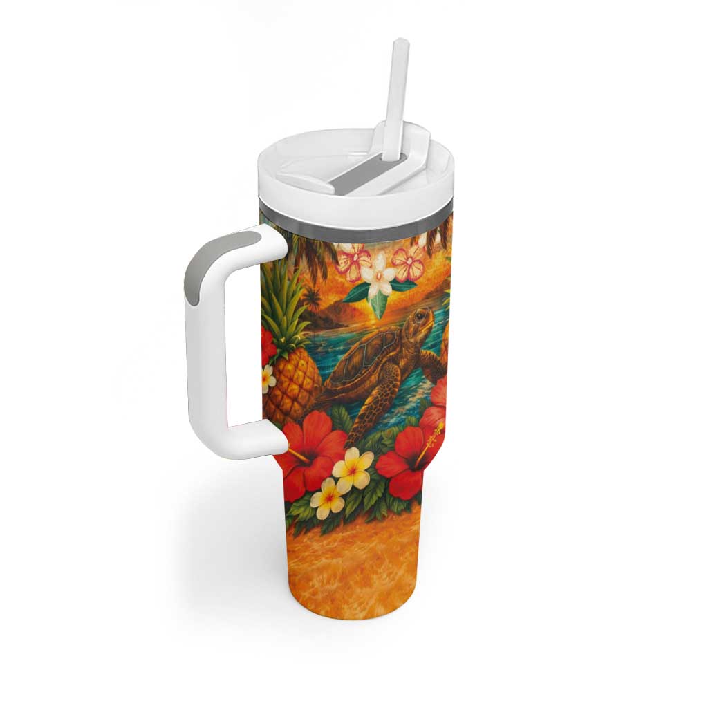 Hawaiian Turtles on Beach Tumbler With Handle with Pineapple Tropical Plant and Lei