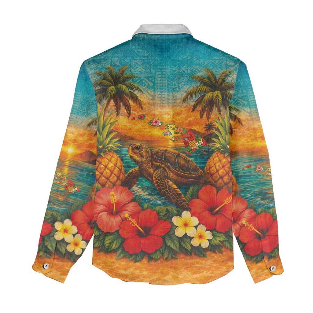 Hawaiian Turtles on Beach Women Casual Shirt with Pineapple Tropical Plant and Lei