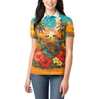 Hawaiian Turtles on Beach Women Polo Shirt with Pineapple Tropical Plant and Lei