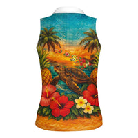 Hawaiian Turtles on Beach Women Sleeveless Polo Shirt with Pineapple Tropical Plant and Lei LT03 - Polynesian Pride