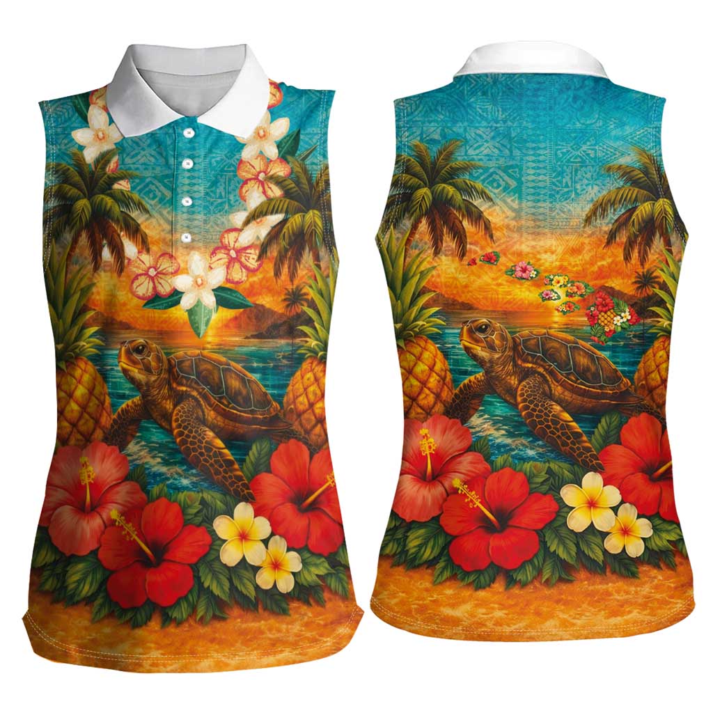 Hawaiian Turtles on Beach Women Sleeveless Polo Shirt with Pineapple Tropical Plant and Lei LT03 - Polynesian Pride
