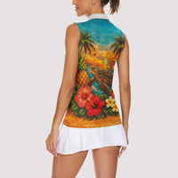 Hawaiian Turtles on Beach Women Sleeveless Polo Shirt with Pineapple Tropical Plant and Lei LT03 - Polynesian Pride