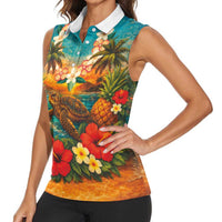 Hawaiian Turtles on Beach Women Sleeveless Polo Shirt with Pineapple Tropical Plant and Lei LT03 - Polynesian Pride