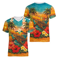 Hawaiian Turtles on Beach Women V-Neck T-Shirt with Pineapple Tropical Plant and Lei LT03 - Polynesian Pride