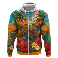 Hawaiian Turtles on Beach Zip Hoodie with Pineapple Tropical Plant and Lei LT03 Zip Hoodie Multicolor - Polynesian Pride