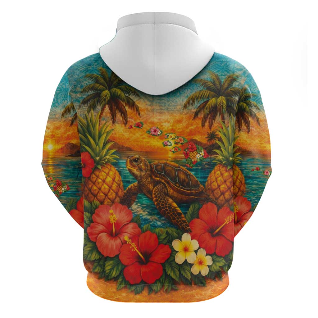 Hawaiian Turtles on Beach Zip Hoodie with Pineapple Tropical Plant and Lei LT03 - Polynesian Pride