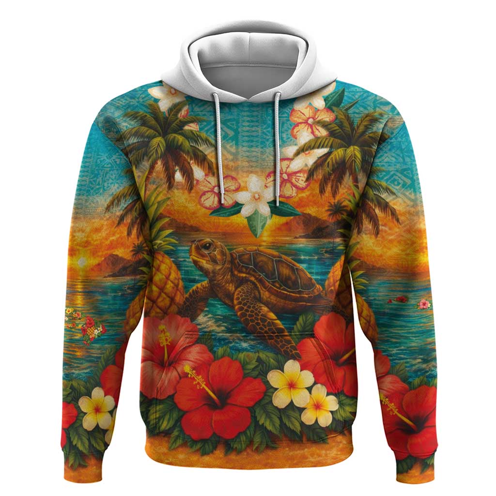 Hawaiian Turtles on Beach Zip Hoodie with Pineapple Tropical Plant and Lei LT03 Pullover Hoodie Multicolor - Polynesian Pride