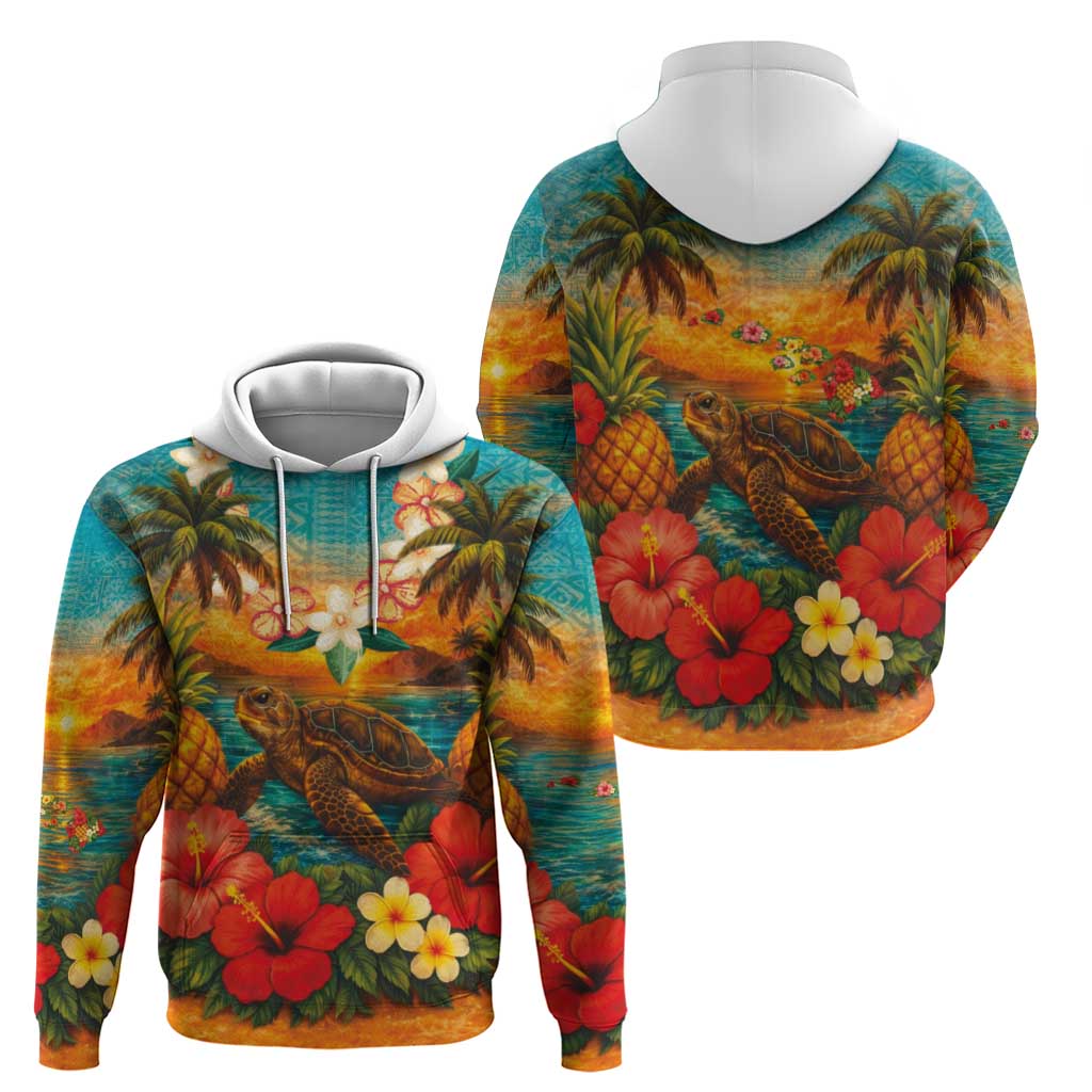 Hawaiian Turtles on Beach Zip Hoodie with Pineapple Tropical Plant and Lei LT03 - Polynesian Pride