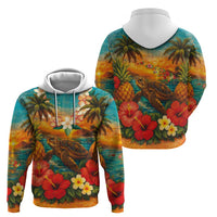 Hawaiian Turtles on Beach Zip Hoodie with Pineapple Tropical Plant and Lei LT03 - Polynesian Pride