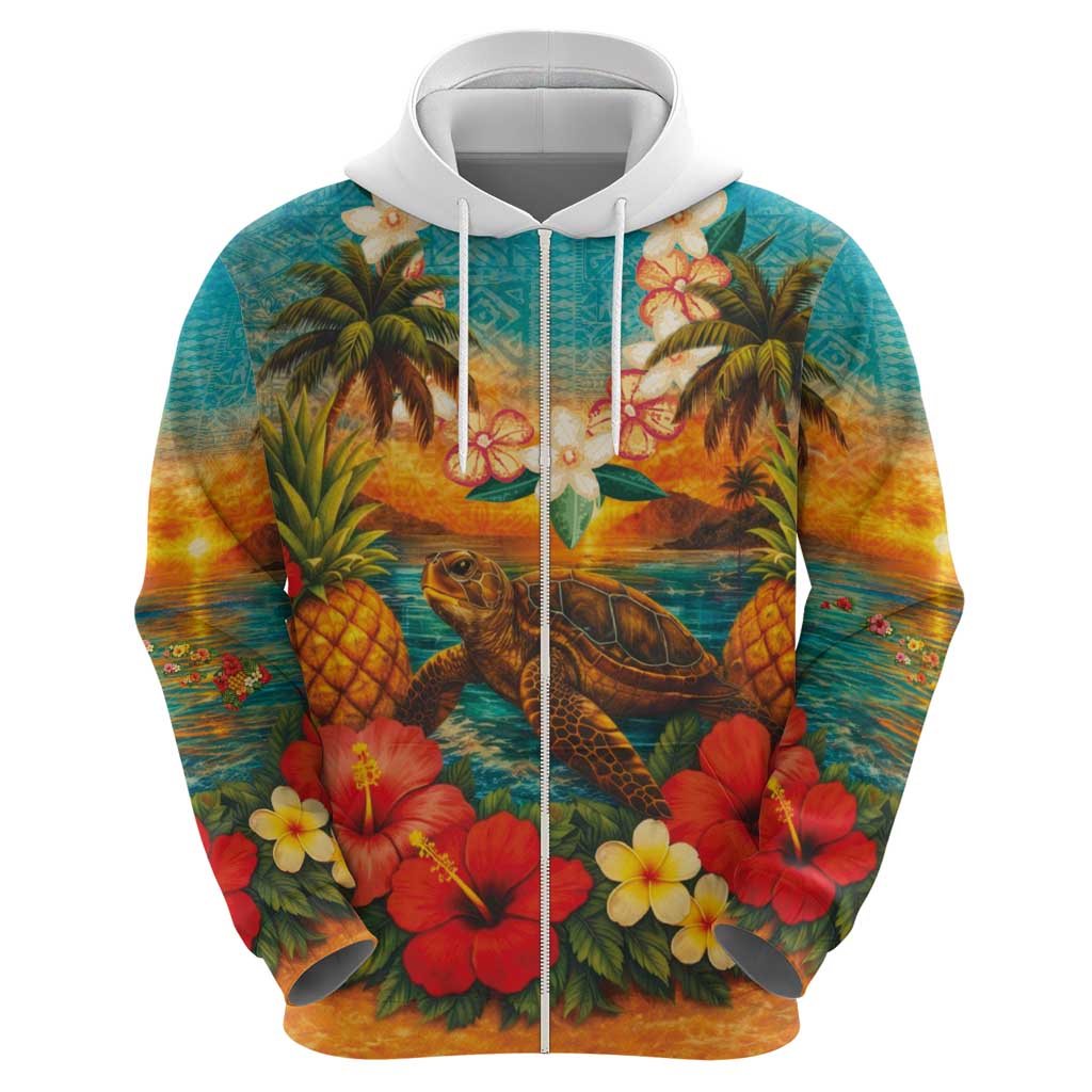 Hawaiian Turtles on Beach Zip Hoodie with Pineapple Tropical Plant and Lei LT03 - Polynesian Pride