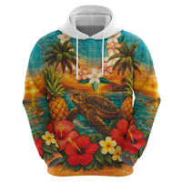 Hawaiian Turtles on Beach Zip Hoodie with Pineapple Tropical Plant and Lei LT03 - Polynesian Pride