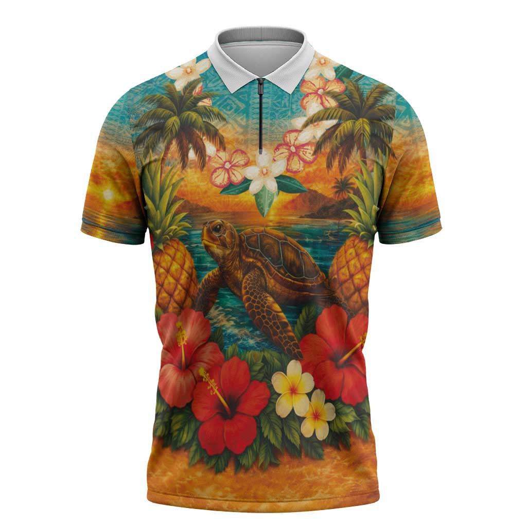 Hawaiian Turtles on Beach Zipper Polo Shirt with Pineapple Tropical Plant and Lei