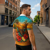Hawaiian Turtles on Beach Zipper Polo Shirt with Pineapple Tropical Plant and Lei