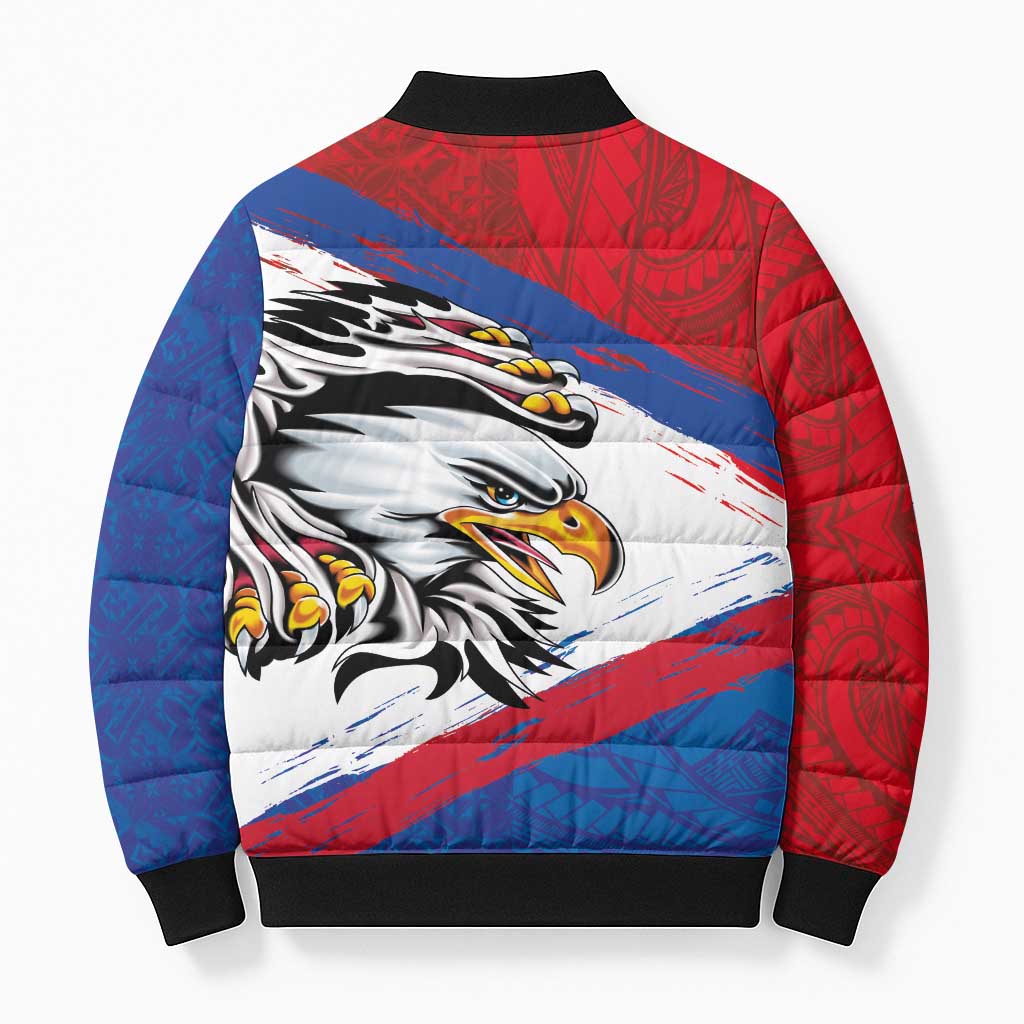 American Samoa Flag Day Bomber Puffer Jacket Polynesian Art Geometric with Flag Brush Style