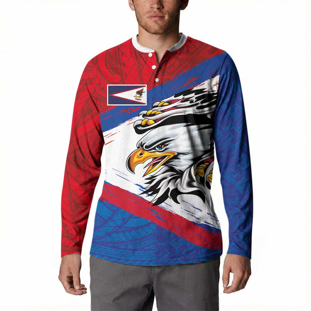 American Samoa Flag Day Button Sweatshirt Polynesian Art Geometric with Flag Brush Style