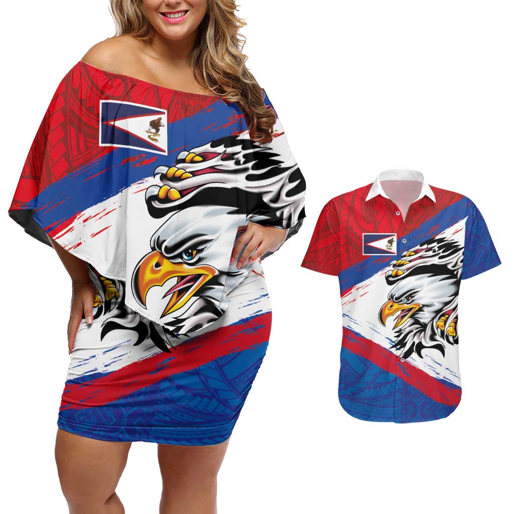 American Samoa Flag Day Couples Matching Off Shoulder Short Dress and Hawaiian Shirt Polynesian Art Geometric with Flag Brush Style LT03 Multicolor - Polynesian Pride