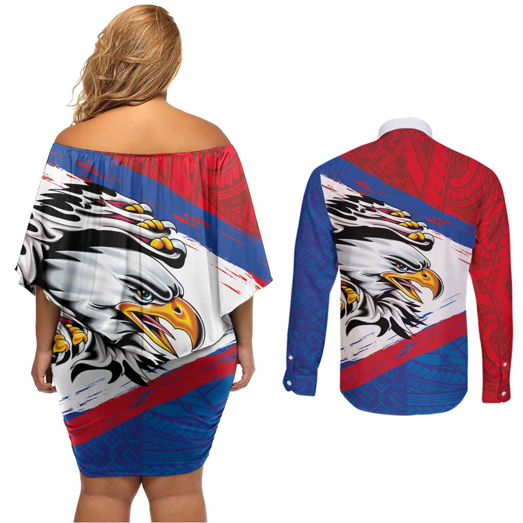 American Samoa Flag Day Couples Matching Off Shoulder Short Dress and Long Sleeve Button Shirt Polynesian Art Geometric with Flag Brush Style LT03 - Polynesian Pride