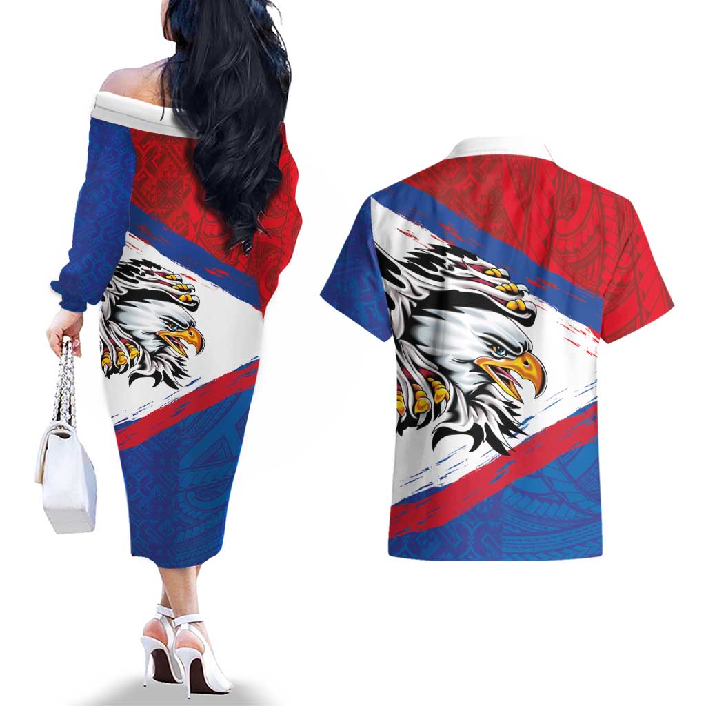 American Samoa Flag Day Couples Matching Off The Shoulder Long Sleeve Dress and Hawaiian Shirt Polynesian Art Geometric with Flag Brush Style LT03 - Polynesian Pride