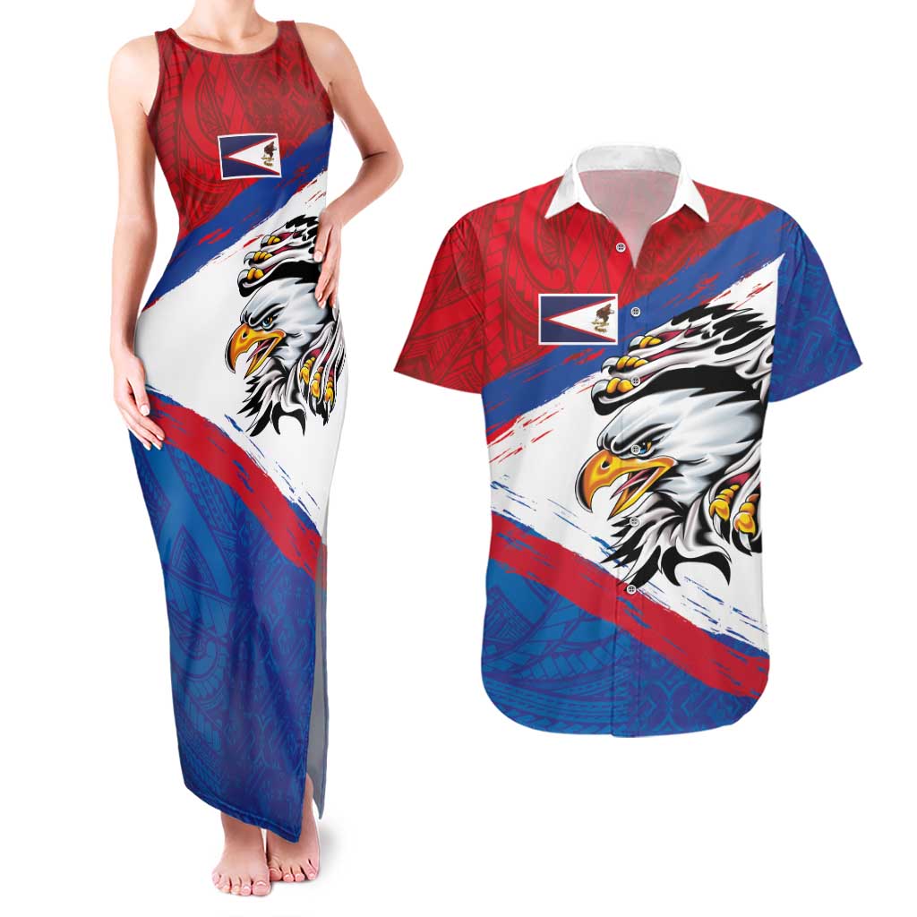American Samoa Flag Day Couples Matching Tank Maxi Dress and Hawaiian Shirt Polynesian Art Geometric with Flag Brush Style LT03 Multicolor - Polynesian Pride