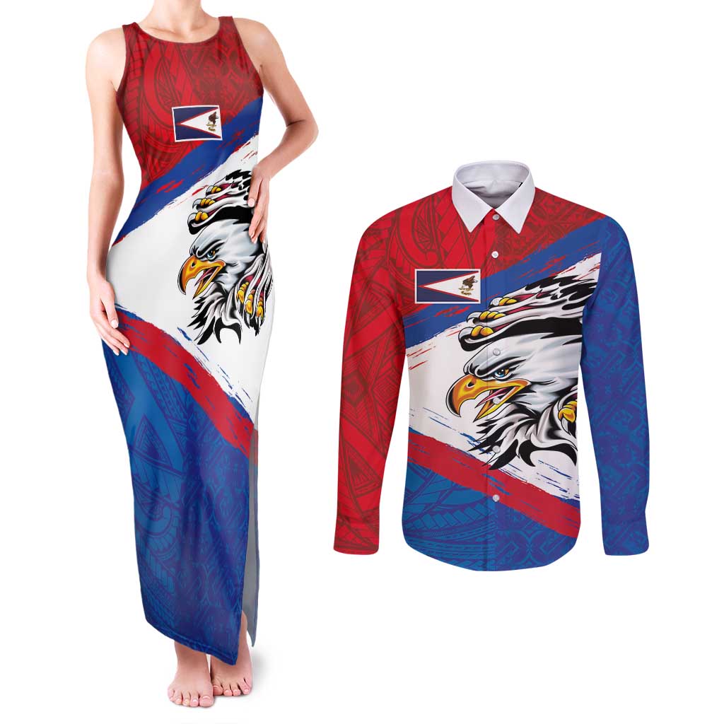 American Samoa Flag Day Couples Matching Tank Maxi Dress and Long Sleeve Button Shirt Polynesian Art Geometric with Flag Brush Style LT03 Multicolor - Polynesian Pride