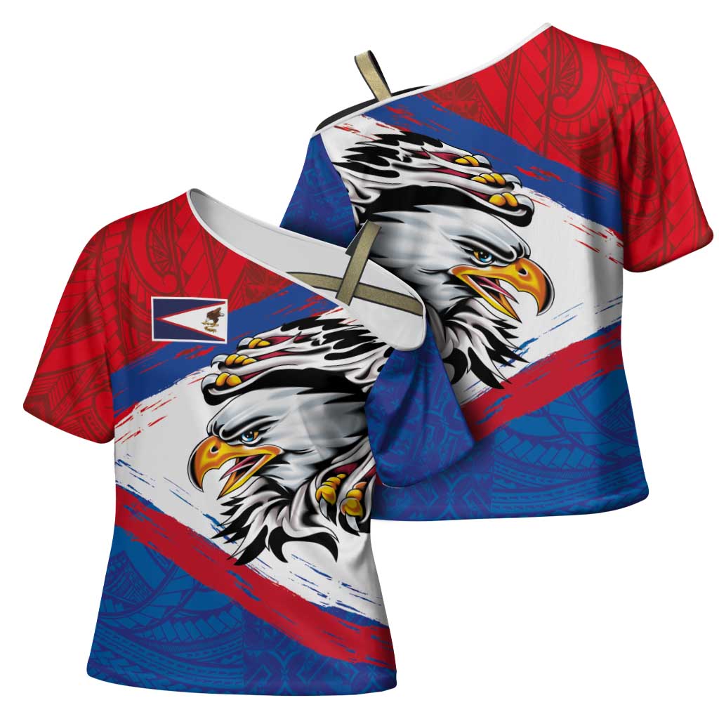 American Samoa Flag Day Cross Shoulder Shirt Polynesian Art Geometric with Flag Brush Style