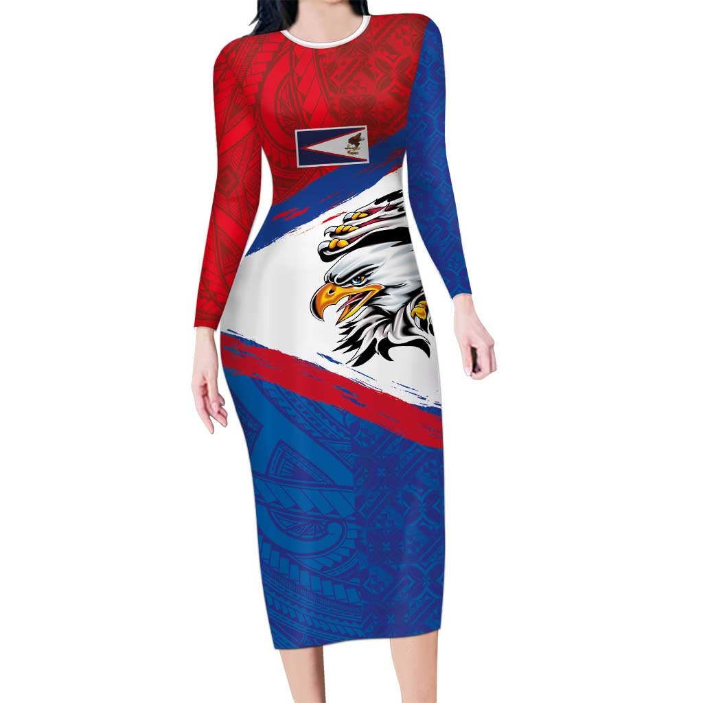 American Samoa Flag Day Family Matching Long Sleeve Bodycon Dress and Hawaiian Shirt Polynesian Art Geometric with Flag Brush Style LT03 Mom's Dress Multicolor - Polynesian Pride