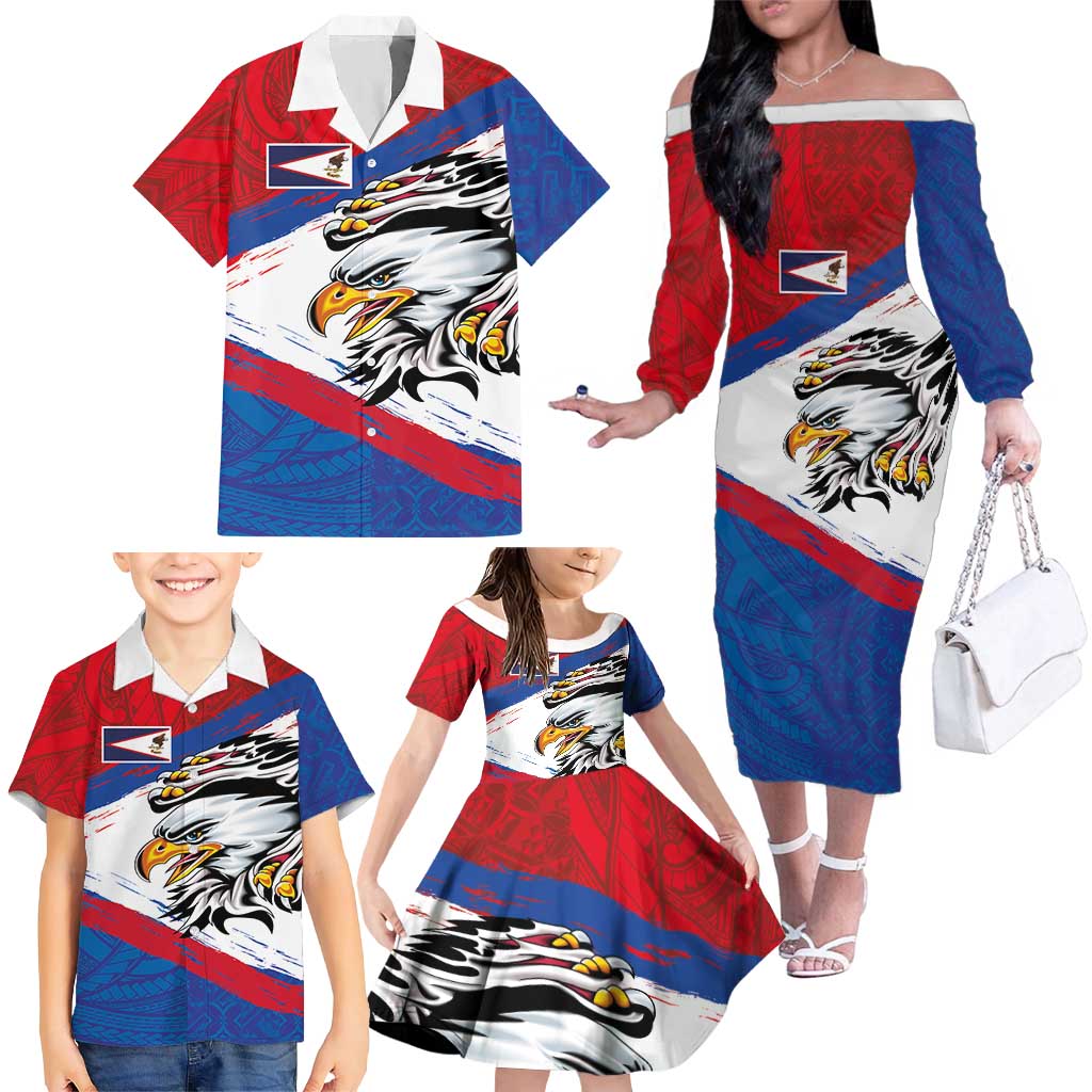 American Samoa Flag Day Family Matching Off The Shoulder Long Sleeve Dress and Hawaiian Shirt Polynesian Art Geometric with Flag Brush Style