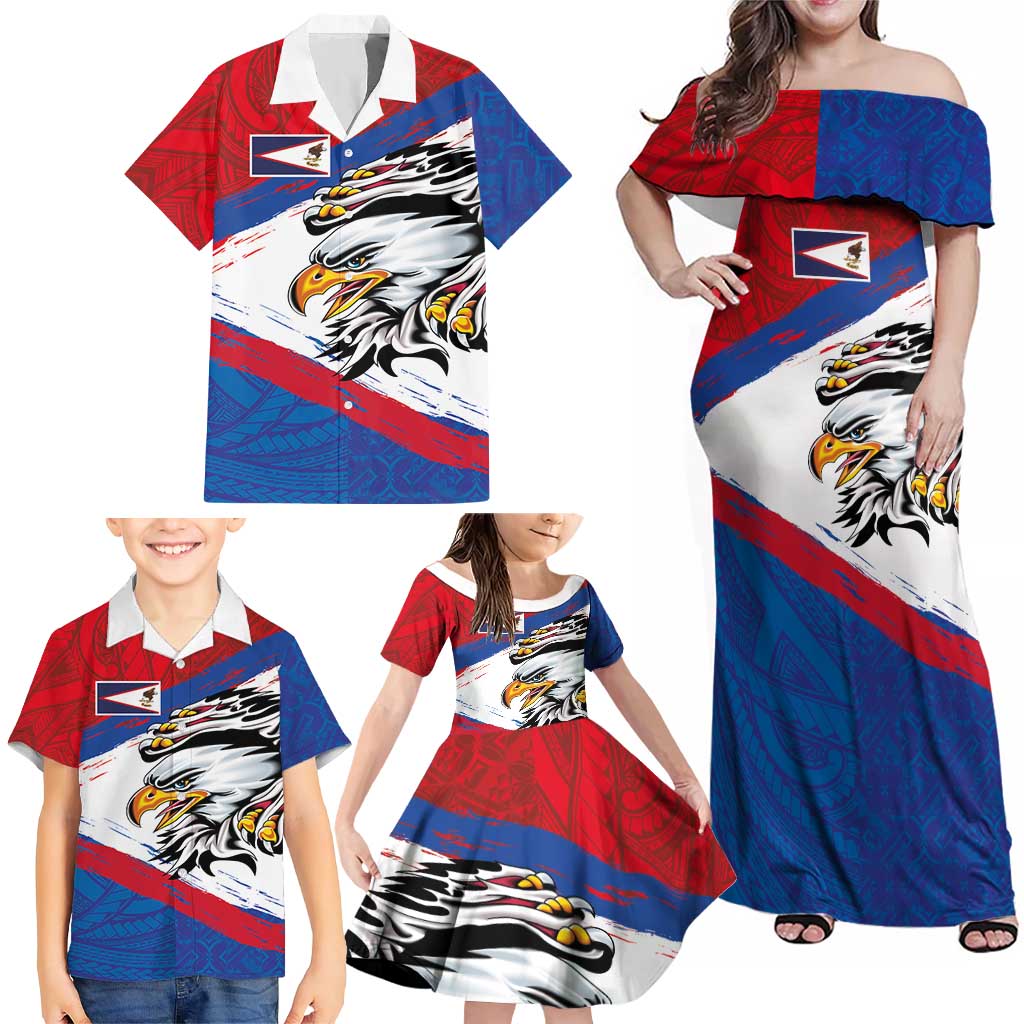 American Samoa Flag Day Family Matching Off Shoulder Maxi Dress and Hawaiian Shirt Polynesian Art Geometric with Flag Brush Style