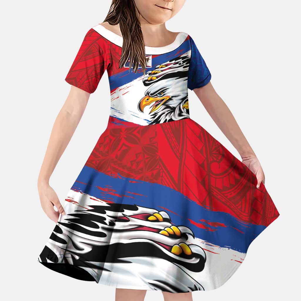 American Samoa Flag Day Family Matching Off Shoulder Short Dress and Hawaiian Shirt Polynesian Art Geometric with Flag Brush Style LT03 Daughter's Dress Multicolor - Polynesian Pride