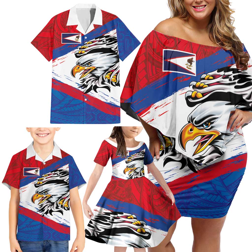 American Samoa Flag Day Family Matching Off Shoulder Short Dress and Hawaiian Shirt Polynesian Art Geometric with Flag Brush Style LT03 - Polynesian Pride