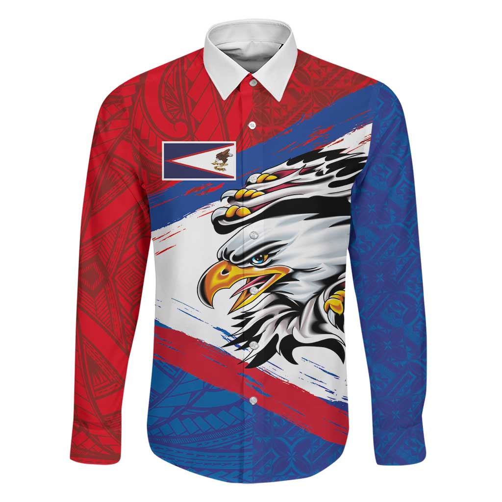 American Samoa Flag Day Family Matching Off Shoulder Short Dress and Hawaiian Shirt Polynesian Art Geometric with Flag Brush Style LT03 Dad's Shirt - Long Sleeve Multicolor - Polynesian Pride