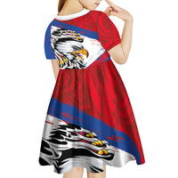American Samoa Flag Day Kid Short Sleeve Dress Polynesian Art Geometric with Flag Brush Style