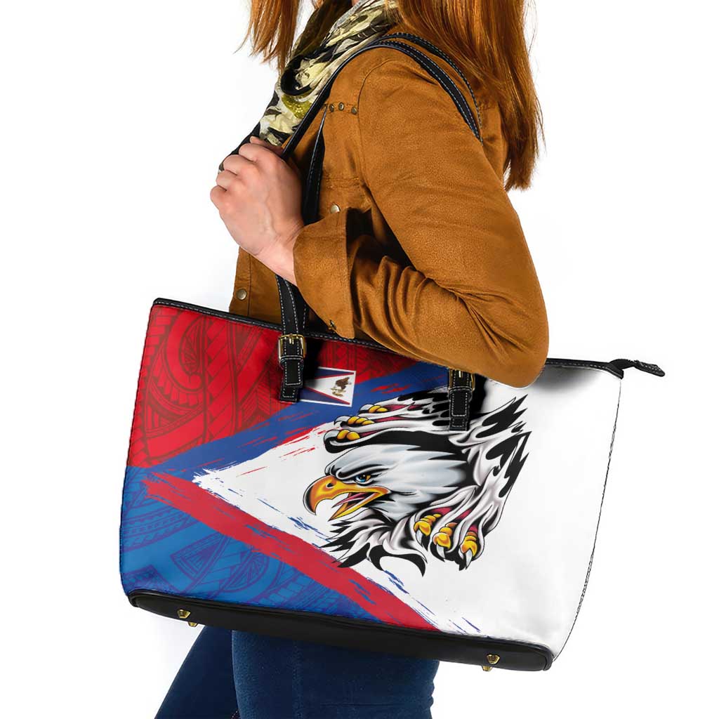 American Samoa Flag Day Leather Tote Bag Polynesian Art Geometric with Flag Brush Style