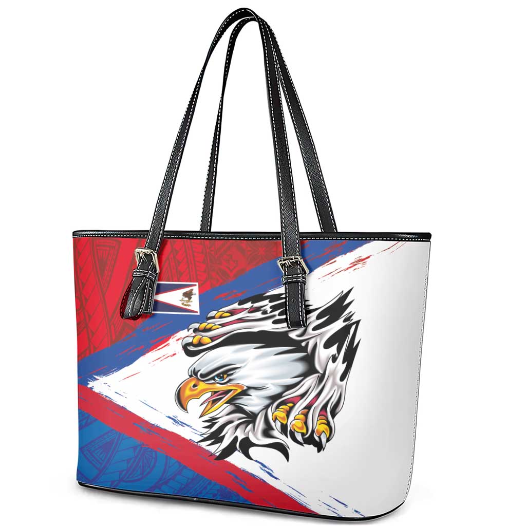 American Samoa Flag Day Leather Tote Bag Polynesian Art Geometric with Flag Brush Style