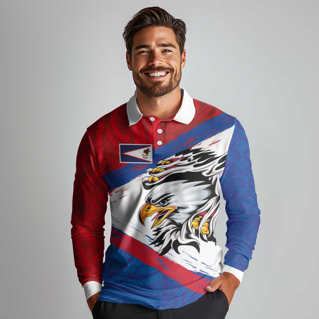 American Samoa Flag Day Long Sleeve Polo Shirt Polynesian Art Geometric with Flag Brush Style