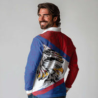 American Samoa Flag Day Long Sleeve Polo Shirt Polynesian Art Geometric with Flag Brush Style