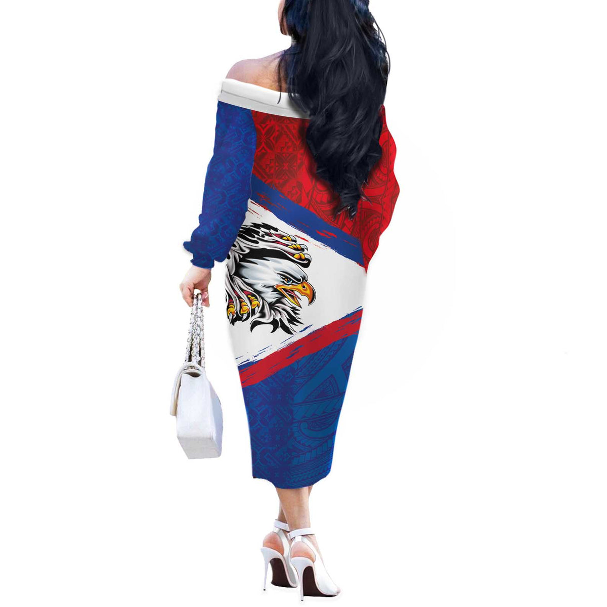 American Samoa Flag Day Off The Shoulder Long Sleeve Dress Polynesian Art Geometric with Flag Brush Style