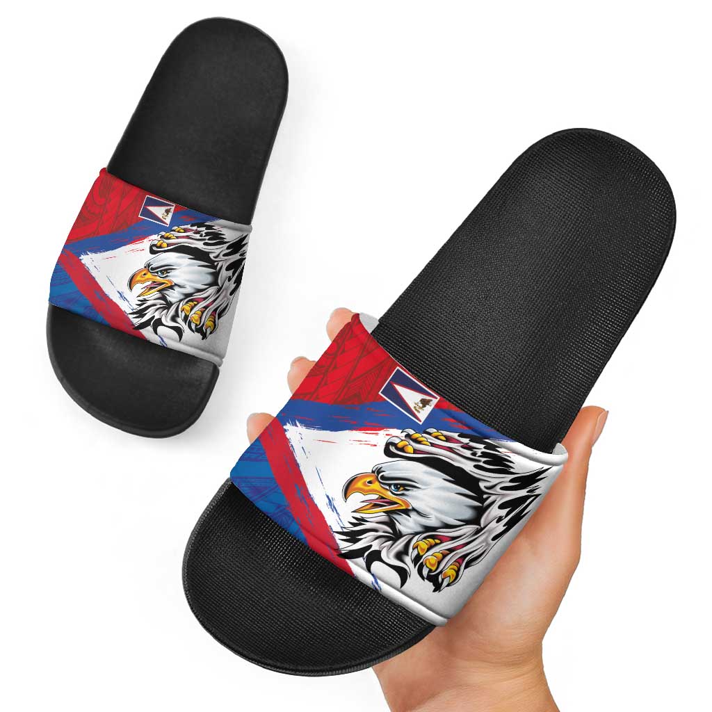 American Samoa Flag Day Slide Sandals Polynesian Art Geometric with Flag Brush Style