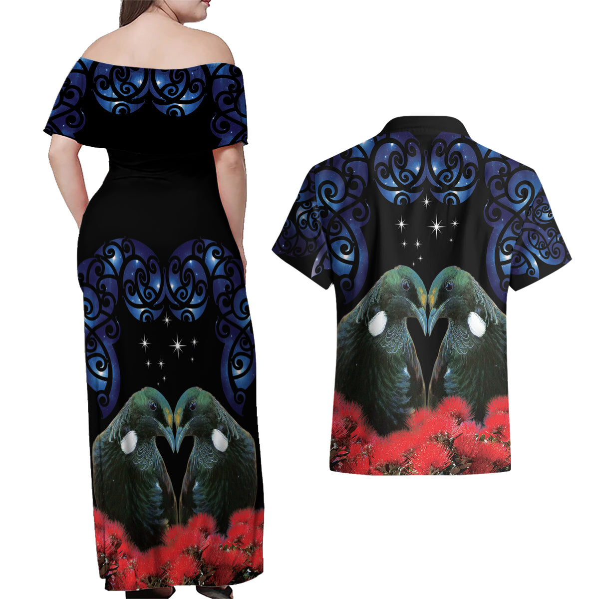 New Zealand Maori Matariki Couples Matching Off Shoulder Maxi Dress and Hawaiian Shirt Hongi Tui Bird Pohutukawa and Polynesia Tribal LT03 - Polynesian Pride