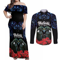 New Zealand Maori Matariki Couples Matching Off Shoulder Maxi Dress and Long Sleeve Button Shirt Hongi Tui Bird Pohutukawa and Polynesia Tribal LT03 Black - Polynesian Pride