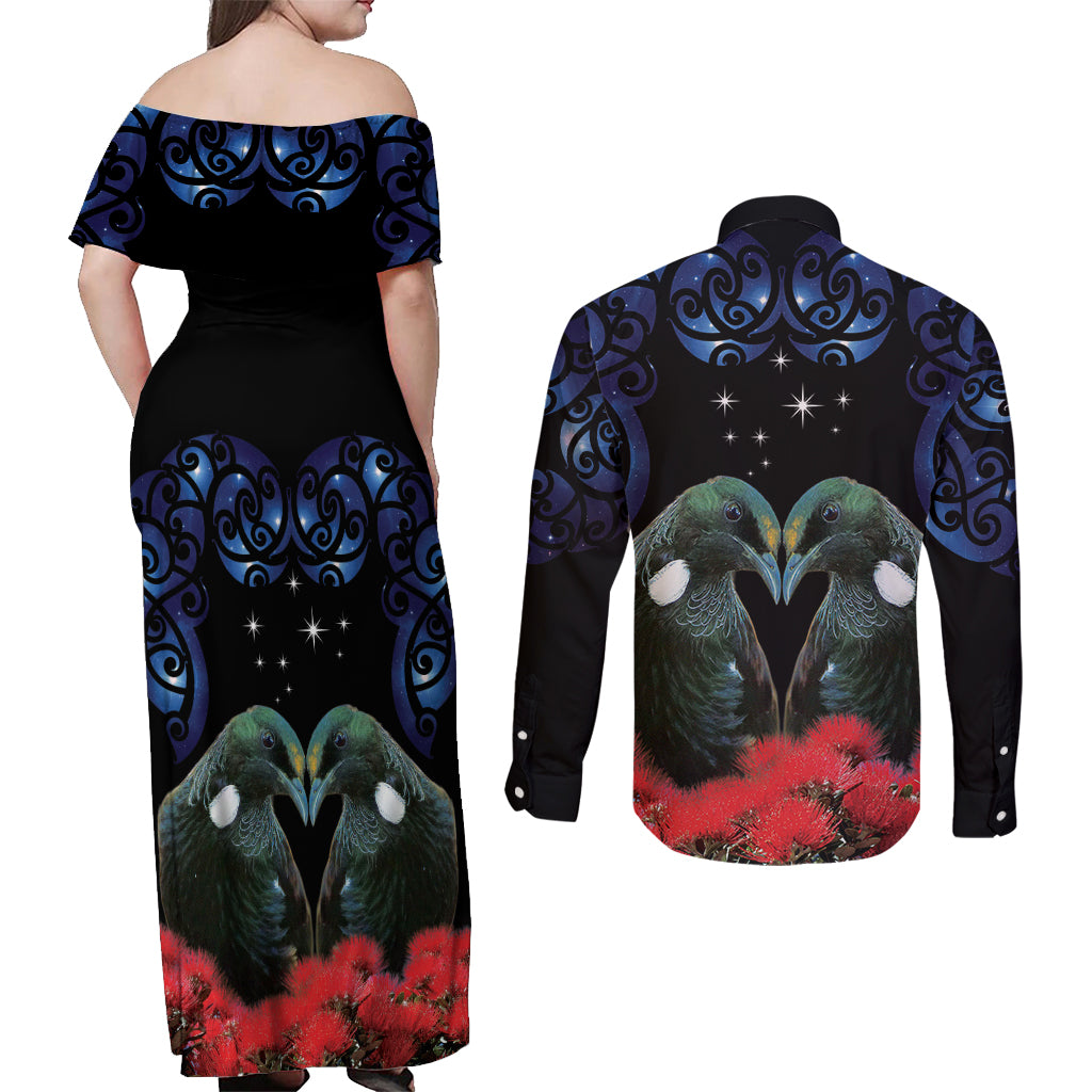 New Zealand Maori Matariki Couples Matching Off Shoulder Maxi Dress and Long Sleeve Button Shirt Hongi Tui Bird Pohutukawa and Polynesia Tribal LT03 - Polynesian Pride