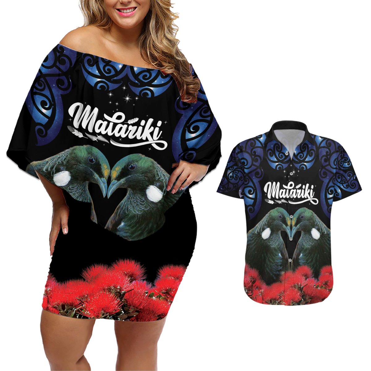 New Zealand Maori Matariki Couples Matching Off Shoulder Short Dress and Hawaiian Shirt Hongi Tui Bird Pohutukawa and Polynesia Tribal LT03 Black - Polynesian Pride